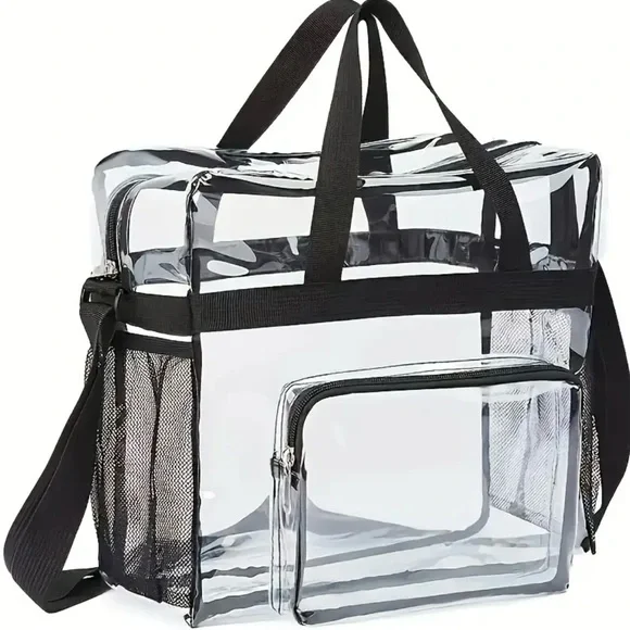 LARGE CLEAR TRANSPARENT TOTE WITH ADJUSTABLE STRAP HANDBAG-STADIUM APPROVED-NEW - Picture 2 of 6